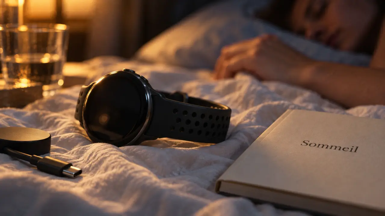 Montre connectée sommeil sur table, confort nocturne